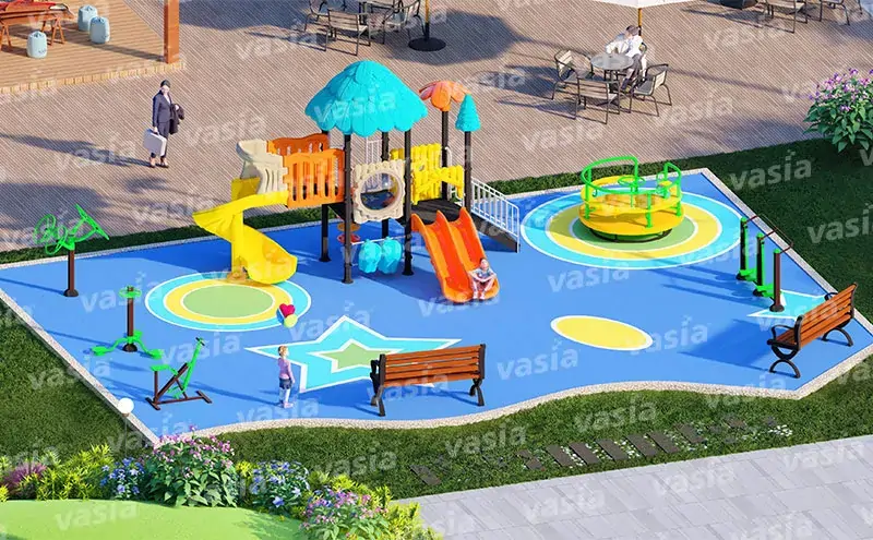 Colorful outdoor kids playground with plastic slide, spinning carousel and outdoor fitness equipment for community park